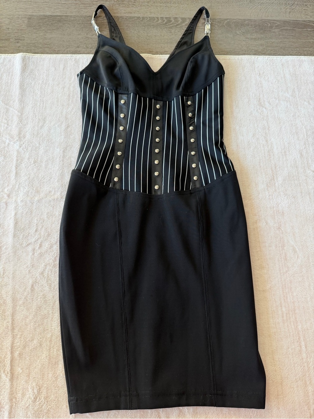 90s VTG John Murrough Pinstripe Corset Leather  Mini Dress Emo Grunge Goth